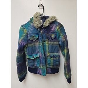 Vtg ROXY Y2K Preppy Bella Swan Quilt Lined Fur Hood Plaid Pea Coat Womans Small